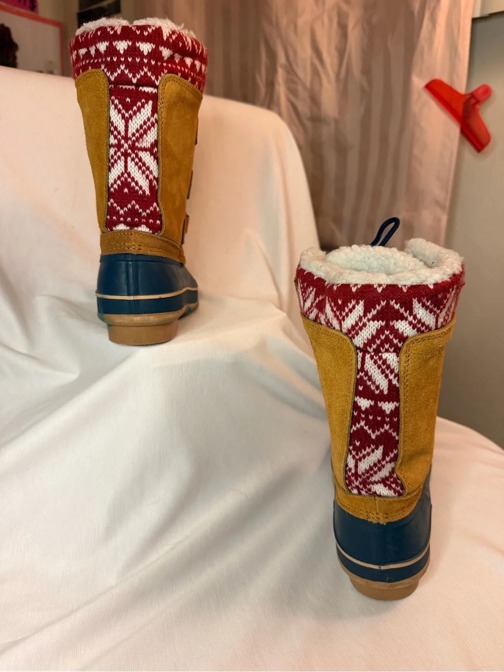Women’s Mustard Suede Winter Lace-Up Boots with Patterned Knit Cuff